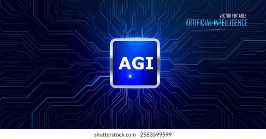 Artificial General Intelligence concept. Microchip with electric circuit board technology on blue background