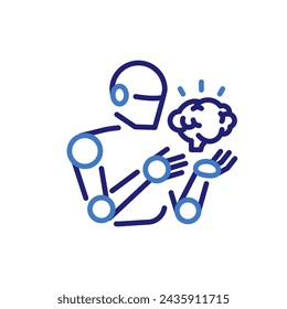 Artificial general intelligence icon with robot holding a brain, vector thin line illustration for AGI, cognitive computing, and AI advancement