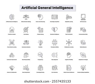 Artificial General Intelligence Icon Set – A Diverse Collection of 30 Illustrations Representing AI’s Capabilities in Ethics, Learning, Decision-Making, Adaptability, and Collaboration