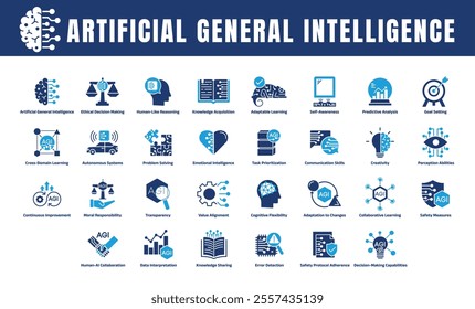 Artificial General Intelligence Icon Set – Professional Visuals Representing Key Concepts in AI Ethics, Decision-Making, Learning, and Collaboration