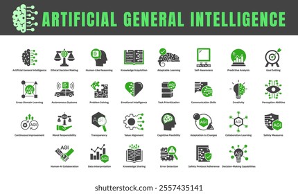 Artificial General Intelligence Icon Set – Visually Captivating Designs Representing AI Ethics, Learning, Collaboration, and Technological Innovations.