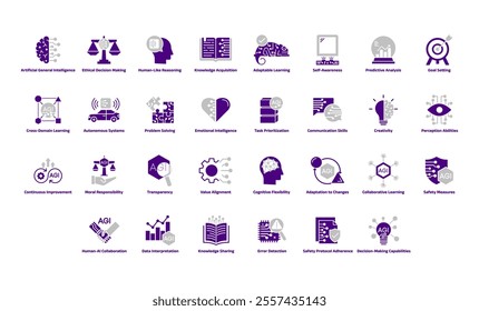 Artificial General Intelligence Icon Set – A Detailed Representation of AI's Ethical, Adaptive, and Problem-Solving Capabilities in Purple and Gray Color Scheme.