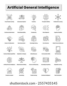 Artificial General Intelligence Icon Set – A Comprehensive Representation of AI Capabilities in Ethics, Creativity, Decision-Making, and Learning.