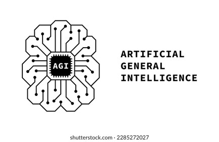 Artificial general intelligence linear logo. Minimalist style AGI icon. Depicts physics and technology, showcasing AI brain powered machine learning. Vector eps illustration