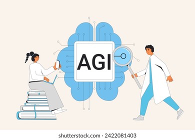 Künstliche Forschung im Bereich der allgemeinen Intelligenz. Ingenieure und Entwickler Neuron Netzwerk und Technologie AGI Gehirn. Maschineller Lernprozess. Informatik. Vektorgrafik