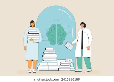Künstliche Forschung im Bereich der allgemeinen Intelligenz. Fachwissen und Durchbrüche in der Informatik Dateningenieur und Entwickler Neuron Netzwerk Ausbildung AI Modell. Vektorgrafik