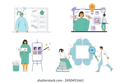 Conjunto de investigación e ingeniería de Instrucción general artificial. Ingeniero de la AGI y codificador de colección de red neuronal. Instrucciones de elaboración para generar contenido. Ilustración plana de Vector