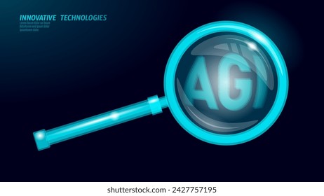 Lupa de búsqueda de inteligencia general artificial con símbolos de letras de polígono bajo. Icono AGI estilo minimalista. Ilustración del vector del cerebro de la tecnología del concepto de aprendizaje automático de la cabeza de la mujer