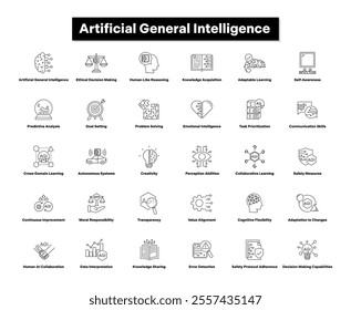 Artificial General Intelligence vector Icon Set-Highlighting AI Capabilities, Ethics, Learning, and Collaboration. AGI black outline icon set. 