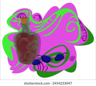 An artificial glass bottle of red wine and several blue grapes; vintage, romantic background. This cartoon illustration can be used as a logotype for wine shops, wine stores, bars. Vector, isolated.