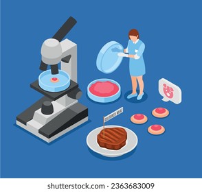 Fondo azul artificial de la carne cultivada con un investigador que examina el filete de ternera hecho de células animales ilustración vectorial isométrica