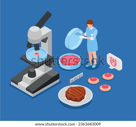 Artificial grown meat blue background with researcher examining beef steak made from animal cells isometric vector illustration