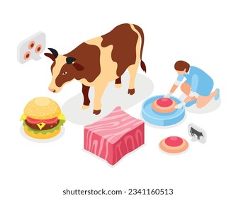 Artificial grown meat isometric concept with cow character and cultured beef burger made from animal cells vector illustration