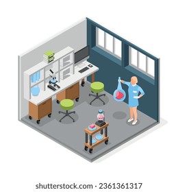 Composición isométrica de laboratorio de carne cultivada artificial con cientifico femenino de vidrio con ilustración vectorial aislada de carne sintética