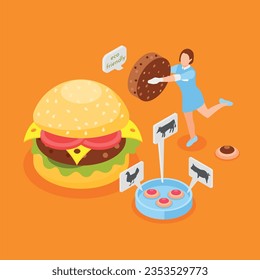 Artificial grown meat orange background with eco friendly products made from animal cells vector illustration