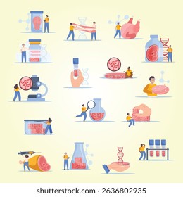 Artificial grown meat set of flat isolated icons with microscopes test tubes food and human characters vector illustration