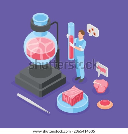 Artificial grown meat violet background with scientist analyzing test tube with cultured red raw meat isometric vector illustration