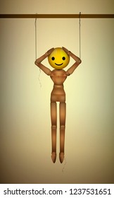 artificial happiness concept, plastic smile concept, realistic wooden marionette hanging with artificial happy face instead of head, vector