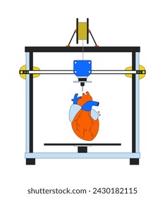 Artificial heart on 3d printer 2D linear cartoon object. Additive manufacturing device isolated line vector element white background. Technology three-dimensional printing color flat spot illustration