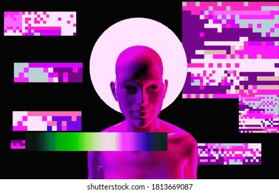 Artificial human with halo in fluorescent ultraviolet light. Pixel art illustration.