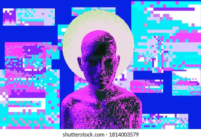 Artificial human with halo in fluorescent ultraviolet light. Pixel art illustration.