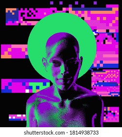 Artificial human with halo in fluorescent ultraviolet light. Pixel art illustration.