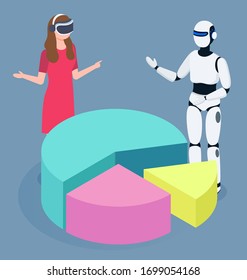 Artificial and human intellect dealing with data analysis. Isolated woman wearing virtual reality glasses and robot looking and diagram with segments. Automated process at work, vector in 3d style