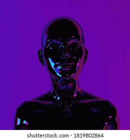 Artificial human made in pixel art style. Retrofuturistic cyberpunk aesthetics.