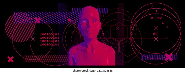 Artificial human made in pixel art style on black background. Futuristic cover or poster for hackathon and programming events.