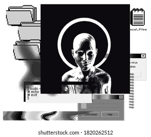 Artificial human made in pixel art style. Retrofuturistic cyberpunk aesthetics.