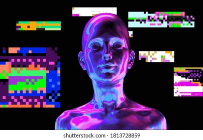 Artificial human on glitched background. Pixel art illustration.