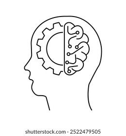 ícono artificial cabeza de un solo Vector Línea continua que dibuja la cabeza humana con el cerebro y el engranaje dentro. Ilustración vectorial de progreso de tecnología de contorno de contorno.