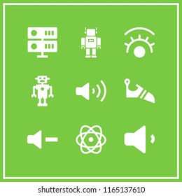 artificial icon. This set with robot, climbing shoes, atomic orbitals and volume vector icons for mobile and web