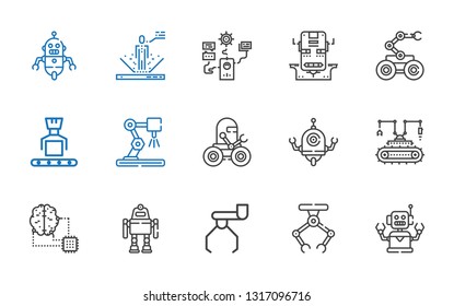 artificial icons set. Collection of artificial with robot, industrial robot, artificial intelligence. Editable and scalable icons.