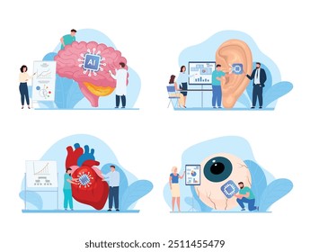 Implante artificial para ouvido do olho cerebral e ciência do coração analisando conceito conjunto vetor ilustração plana. Futura pesquisa médica inovação futurista ciber cirurgia analítica tecnologia estatística