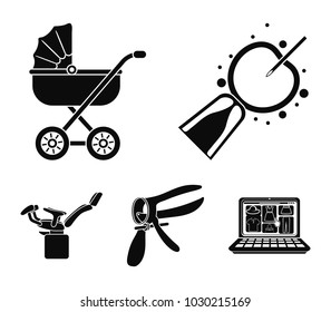 Artificial insemination, baby carriage, instrument, gynecological chair. Pregnancy set collection icons in black style vector symbol stock illustration web.