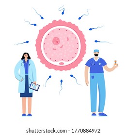 Artificial insemination and doctor gynecologist. Sperm and woman egg cell icon. In vitro fertilization concept. Embryo development stage. Medical poster for clinic. IVF flat vector illustration.