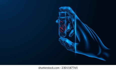 Artificial insemination. The hand holds a flask with a human embryo. Polygonal design. Blue background.