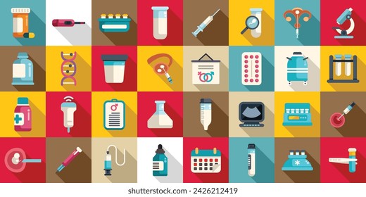Künstliche Befruchtung Icons setzen flachen Vektor. Fruchtbarkeitsprozess. In vitro trächtiger Embryo