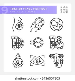 Artificial insemination linear icons set. Genetic material collecting. Dna freezing. Child care, breastfeeding. Customizable thin line symbols. Isolated vector outline illustrations. Editable stroke