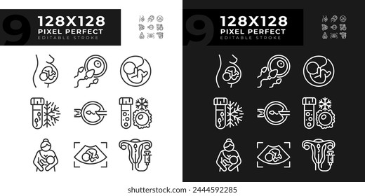 Artificial insemination linear icons set for dark, light mode. Genetic material collecting. Dna freezing. Child care. Thin line symbols for night, day theme. Isolated illustrations. Editable stroke