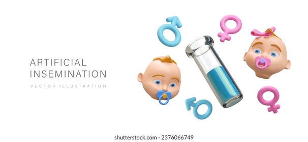 Artificial insemination. Male and female gender symbols, test tube with liquid, doll heads. Boy and girl. Place for text, clinic logo. Reproductive medicine