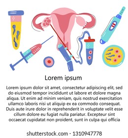 Artificial insemination. Microscope, pregnancy test, bulb with sperm, uterus, aspiration, embryo. Tamplate for text about In vitro fertilization process. A set of elements on a medical theme 
