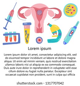 Artificial insemination. Template for text about In vitro fertilization process. A set of elements on a medical theme for a poster, article, banner, advertising. Vector