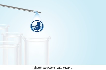 Artificial insemination. Test tube for babies, IVF. On the tip of the pipette is a drop with the silhouette of a baby embryo dripping into a test tube. copy space. Vector illustration