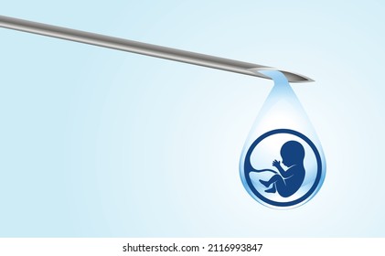 Artificial insemination. Test tube for babies, IVF. On the tip of the pipette is a drop with the silhouette of a baby embryo dripping into a test tube. copy space.