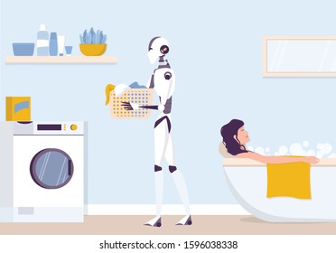 Artificial intelegence as a part of human routine. Domestic personal robot making laundry. AI helps people in their life, future technology concept. Vector illustration in cartoon style