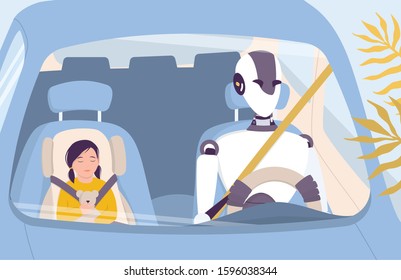 Artificial intelegence as a part of human routine. Domestic personal robot drive people safely. AI helps people in their life, future technology concept. Vector illustration in cartoon style
