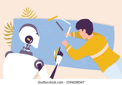 Artificial intelegence as a part of human routine. Domestic personal robot taking care of child. AI helps people in their life, future technology concept. Vector illustration in cartoon style