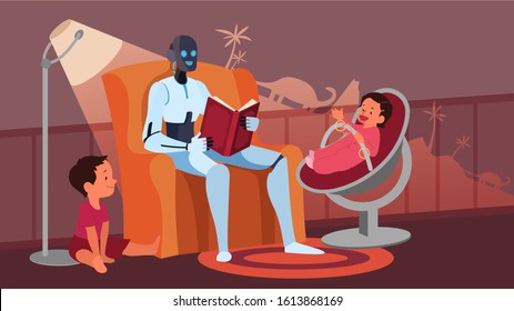 Artificial intelegence as a part of human routine. Domestic personal robot reading for children. AI taking care of a baby. Future technology concept. Set of vector illustration in cartoon style